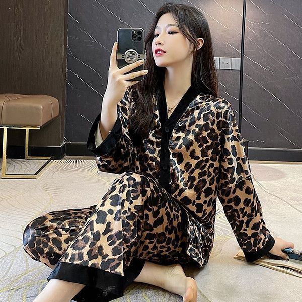 Женская пижама из атласа Leopard, Атласный женский комплект, Пижама атласная с брюками L Leo-1001 фото