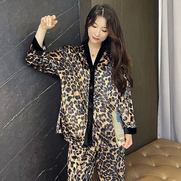 Женская пижама из атласа Leopard, Атласный женский комплект, Пижама атласная с брюками L Leo-1001 фото