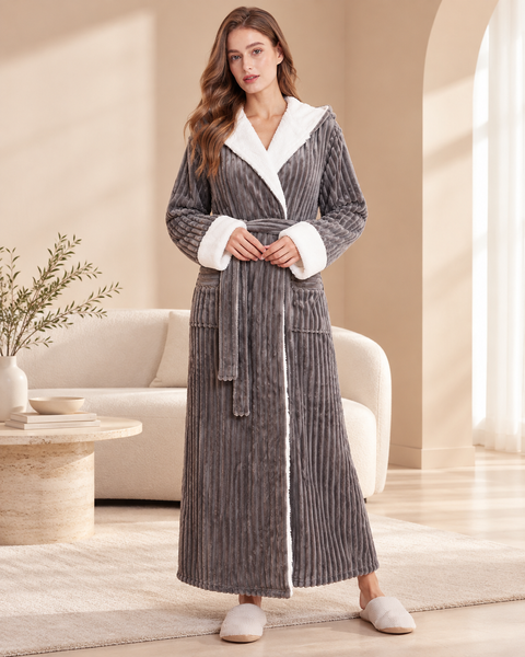 Теплый женский плюшевый халат с капюшоном длинный Преміум серый M Halat-1100 фото